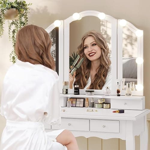 Tiptiper Vanity Table Set with Lighted Tri-Folding Mirror, Makeup Vanity with Lights & 3 Color Lighting Modes, Vanity Desk with Mirror and Cushioned Stool, Makeup Table with 5 Drawers, White thumbnail 7