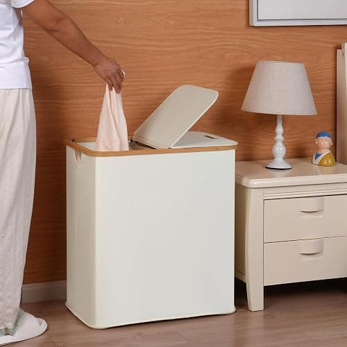 efluky Laundry Hamper with Lid, Double Laundry Hamper with 2 Removable Bags, 2 Section Laundry Basket with Bamboo Handles for Bathroom, Bedroom & Laundry Room, 140L (36.9 Gallon) Beige thumbnail 2