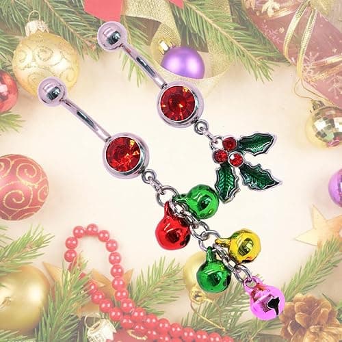 FLOGWE 316L 2 PCS Christmas Dangle Mistletoe Belly Button Rings 14G Stainless Steel Jingling Bell Navel Rings for Women Belly Piercing Jewelry thumbnail 3