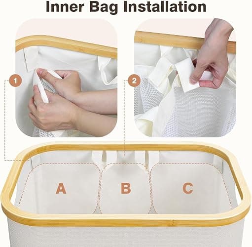 Hampers for Laundry Basket with Lid, 145L Large Laundry Hamper 3 Section | Dirty Clothes Hamper Separator with 3 Removable Bags & 5 Labels, Divided Laundry Organizer for Bedroom, Laundry Room, Beige thumbnail 3