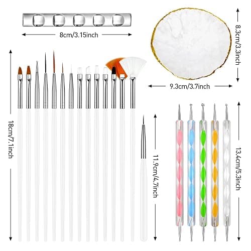 MUIIGOOD White Nail Art Brush 22 Pcs Set, 2 Head Acrylic Silicone Engraving Dotting Pen Tools Dust Brush, Striping Liner Drawing Pens, Resin Palette, for Nail Art DIY Home Salon Makeup Display Board thumbnail 7