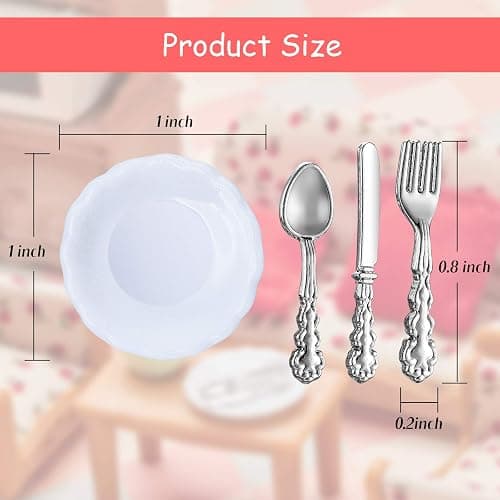 12 Pieces 1:12 Scale Miniature Plates and 12 Pieces Knives Forks Spoons Metal Tableware Dollhouse Miniatures Porcelain Plate Set Dollhouse Kitchen Decoration Accessories (Pack of 2) thumbnail 3