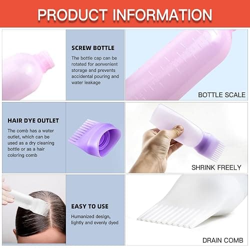 Root Comb Applicator Bottle, 6 Ounce, Hair Oil Applicator, Oil Applicator for Hair Dye, Oil Bottles for Hair, Hair Oiling Applicator with Graduated Scale (2 Pack+20 PCS Disposable Shower Caps, Purple) thumbnail 3