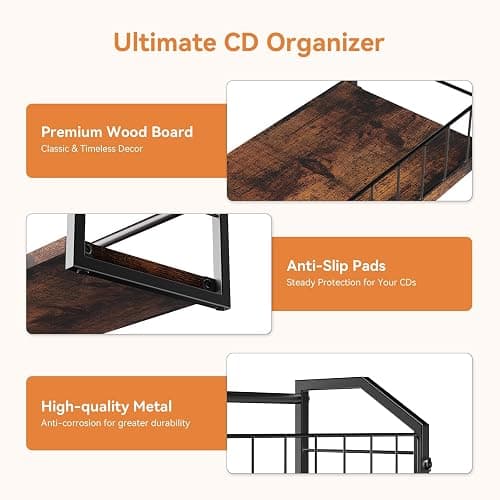 PAPAGIFTREE 2-Tier CD Holder, CD Storage Shelf for Display, CD Organizer with Dispay Top Shelf, Premium CD Rack for Home & Office, Holds Up to 60 Standard, Ideal for Music Enthusiasts (Brown) thumbnail 6