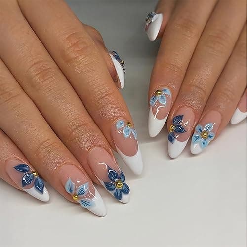 HOSAILY 3D Flower Press on Nails Medium Almond, Natural Nude Blue White French Tip Daily Press ons for Women, 24pcs Glossy Pretty Reusable Semi-Homemade Soft Gel Full Cover Stick on Fake Acrylic Nail - Image 1
