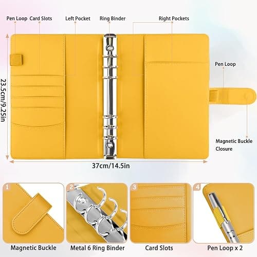 Antner A5 Binder 6 Ring Refillable Notebook Planner Cover, PU Leather Aesthetic Small Binder Loose Leaf Photocard Holder Budget Planner for Cash Organizer with Magnetic Buckle, Lemon Yellow thumbnail 3