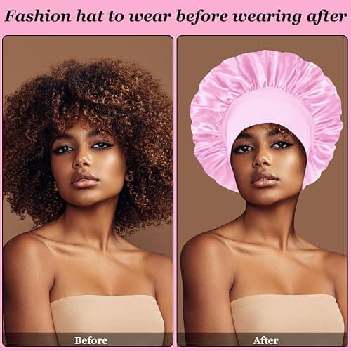 4PCS Satin Hair Bonnet for Sleeping,Bonnets for Black Women Men,Silk Bonnet for Sleeping,Hair Wrap Cap for Curly Hair,Elastic Wide Band Hair Bonnet Shower Cap (Black & Blue & Pink & Purple) thumbnail 4