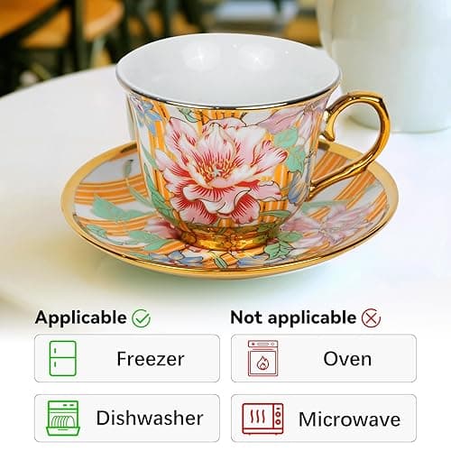 Tea Cups and Saucers Set of 6, 8 OZ Ceramic Tea Cups with Saucers Vintage Floral Tea Cup Set for Cappuccino, Macchiato, Afternoon Tea Birthday Party Supply Thanksgiving Day Halloween gifts thumbnail 5