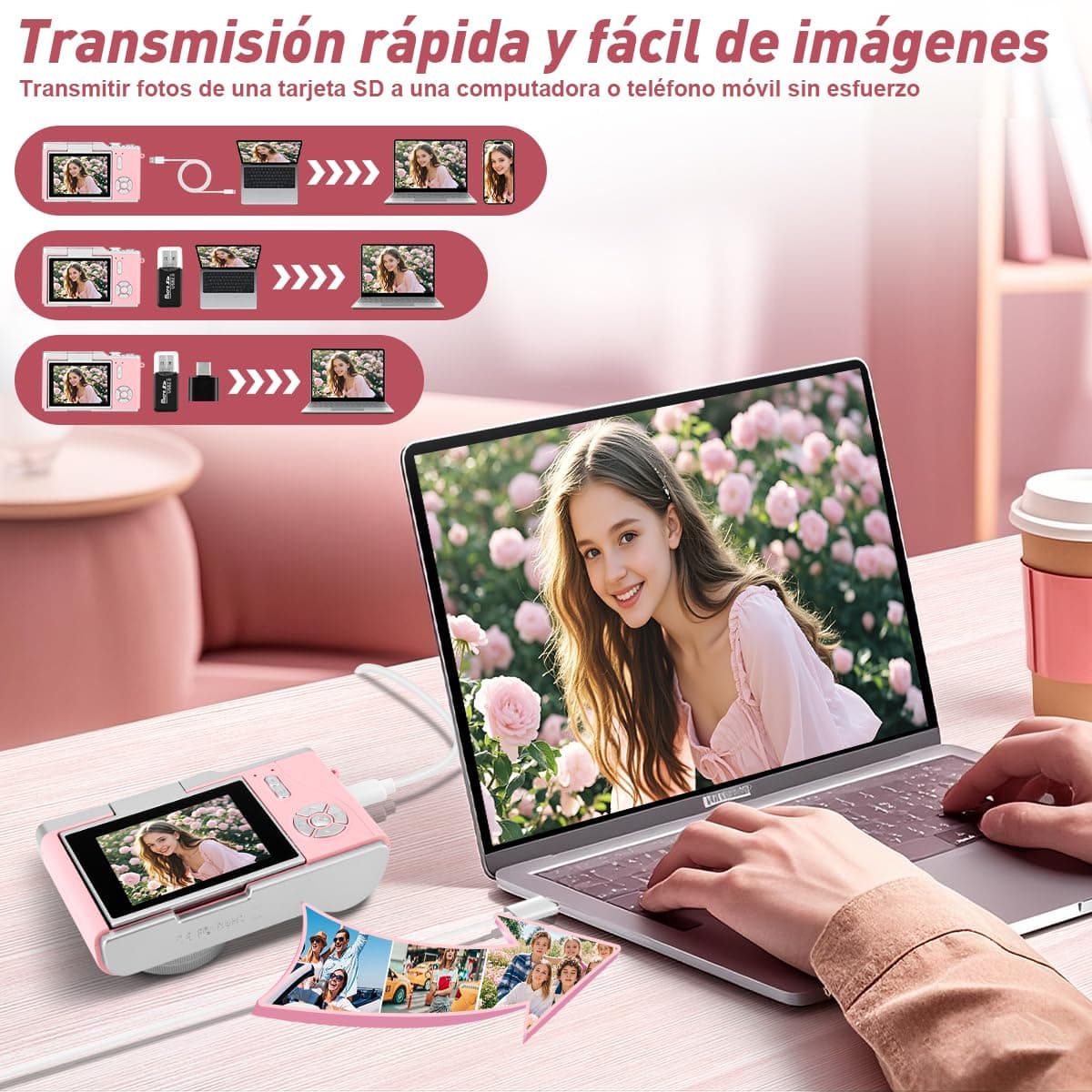 Cámara Digital 4K, Cámara Compacta HD 1080P 48MP，con Zoom de 8X, Enfoque Automático, Tarjeta de 32 GB, Pantalla Abatible de 2,4 Pulgadas,Adecuada para Estudiantes, Fotografía de Viajes y Vlogs (Rosa) thumbnail 7
