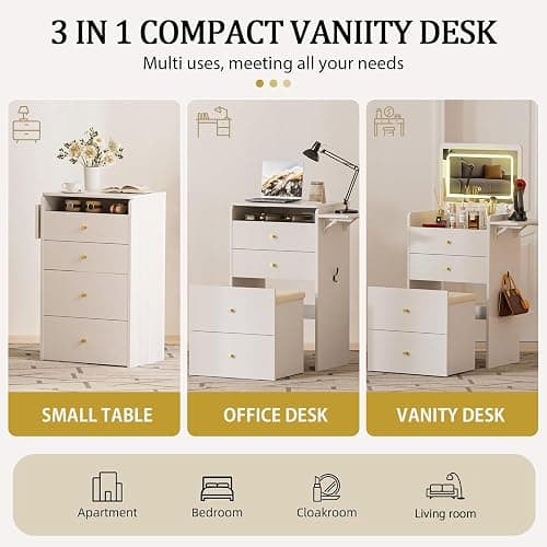 COMHOMA Makeup Vanity Desk with Mirror and Lights, Small 3 in 1 Vanity Table with Visible Glass Top, Flip Top & 3 Drawers, Compact Dressing with Storage Stool for Room or Office thumbnail 6