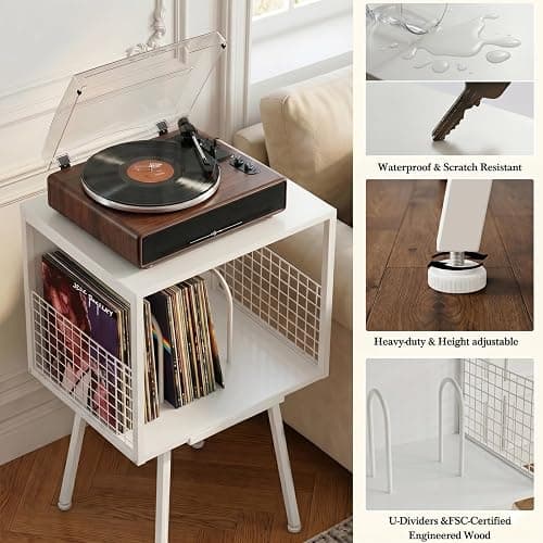Faesun Record Player Stand with Storage Holds 100+ Vinyl Records, Industrial Turntable Stand with Storage Shelf, LP Album Organizer Cabinet for Small Spaces, whtie End Table thumbnail 4