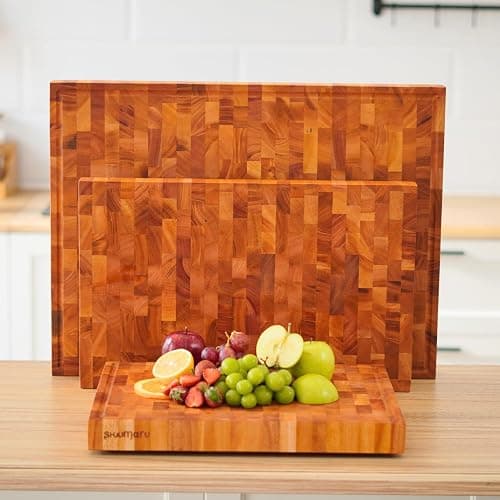 SHUMARU Mahogany End-Grain Wood Cutting Board – 16.5x12.6x1.6" Butcher Block | Handmade in Bali - Silky-Smooth, Juice Groove, Knife‑Friendly, Ergonomic Grips & Non‑Slip Feet thumbnail 2