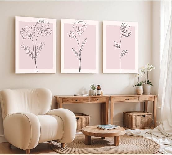 Pink Flower Wall Art Set of 3 Framed, Blush Pink Floral Canvas Wall Decor Pictures, Minimalist Botanical Line Art Prints for Girls Bedroom Teen Room Living Room Aesthetic 12x16 Inch thumbnail 8