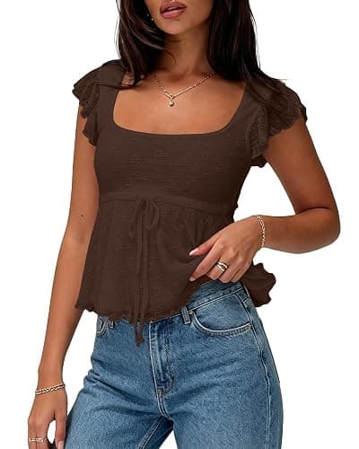BAIGRAM Women Floral Flowy Babydoll Peplum Tops Y2K Cap Sleeve Ruffle Tank Square Neck Lace Up Layered Crop Shirt Going Out thumbnail 2
