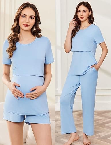 Ekouaer 3 Piece Postpartum Nursing Pajamas Set Short Sleeve Breastfeeding Shirts Pregnancy Shorts & Pants Maternity Pjs thumbnail 4