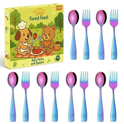 DEHOV Rainbow Toddler Eating Utensils Set,Set Of 12 Food Grade Stainless Steel Silverware Sets For Kids,Dishwasher Safe Children Small Metal Spoons And Forks Flatware Sets - Image 1