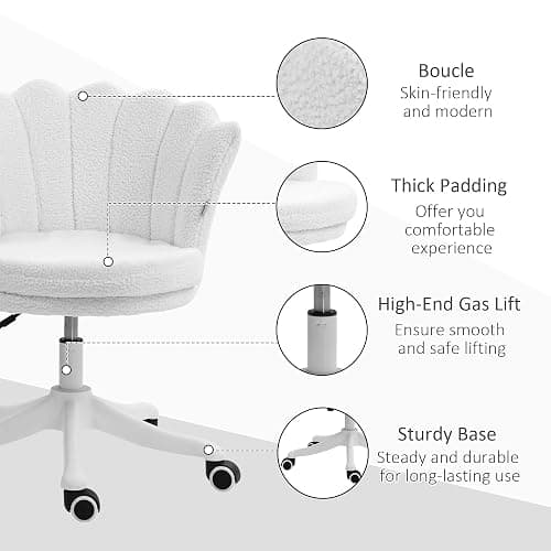 HOMCOM Mid Back Berber Fleece Office Chair, Adjustable Height Study Chair, Vanity Chair with Swivel Wheels for Living Room, Study, White thumbnail 6