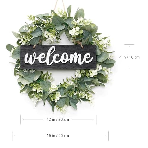 Dremisland 16 Inch Eucalyptus Leaves Wreath,Artificial Green Leaves Wreath with Welcome Sign Board for Front Door Window Farmhouse Garden Festival Celebration Home Decoration (Black) thumbnail 3