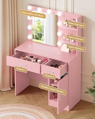 LIVELYGLOW Lighted Makeup Vanity Desk, 35.4“W x 15.7'”D x 54“H, Pink (with Lights and Mirror, Dimming Fuction, 2 Drawers and 1 Cabiniet, Open Shelves) thumbnail 4