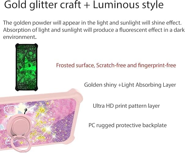 Kinetijy Case Compatible for Teracube 2E Phone Case Cover [with 1* Tempered Glass Screen Protector][Hard PC + Soft Silicone][Ring Support] [Gold Glitter+Luminous] JSF-DJS thumbnail 3
