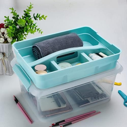 BTSKY Stack & Carry Box, Clear Plastic Storage Container Stackable Home Utility Box with Removable Tray Multi-Purpose Storage Bin for Organizing Stationery, Sewing, Art Craft Supplies(Blue) thumbnail 6