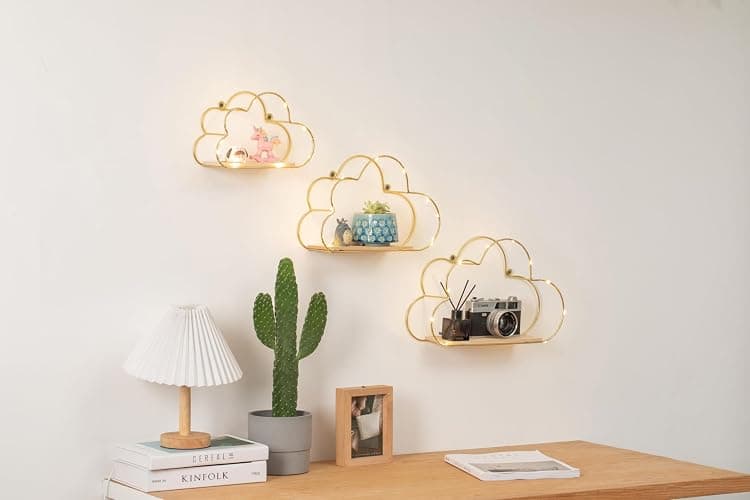 Niemro - Golden Cloud Shape Floating Shelves with LED Lights Wall Decor,Gold Metal Wire and Wood Base Wall Mounted Shelf Decorations for Home Bedroom Living Room - Set of 3 thumbnail 5