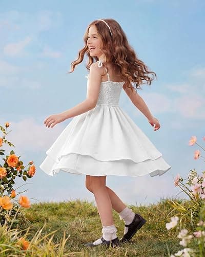 JiAmy Girls Spaghetti Strap Smocked Midi Sundress Party Dress | Ages 7-12 Years; summer spring beach casual sundress, smocked cami, midi party prom dress for holiday photos thumbnail 4