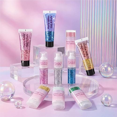 3-in-1 Body Face Hair Glitter Set, Pink Glitter Gel & Glitter Stick & Glitter Spray, Waterproof Women Makeup for Halloween Concert Festival Rave Accessories thumbnail 2
