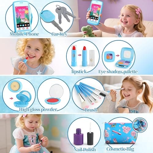 Woumserta Pretend Makeup Kit for Kids 3-5, Blue Fake Makeup Set for Toddlers Girls, Play Makeup Gifts for Little Girls Age 3 4 5 6 7 Year Old, Make Up Toys Birthday (Blue) thumbnail 3