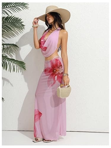 OYOANGLE Women's 3 Piece Swimsuits Floral Halter String Bikini Set with Long Beach Skirt Cover Up Beachwear thumbnail 5