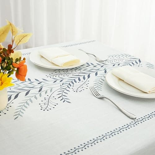VOGOL Blue Leaf Embroidered Tablecloth, Linen Textured Rectangle Waterproof Wrinkle Free Table Cover for Family Dinner Table or Outdoor Gathering, 55 x 102 Inches thumbnail 3