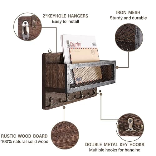 ADIIL Mail and Key Holder for Wall Decorative, Wooden Wall Mount Key Rack Hanger Organizer with 4 Double Key Hooks, Rustic Home Decor for Entryway Hallway, Brown thumbnail 5