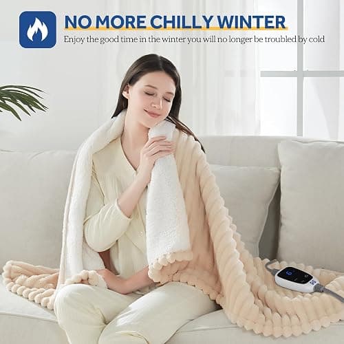 SEALY Electric Blanket Heated Throw, Soft Cozy Ribbed Flannel to Sherpa Reversible Safe Heating with 6 Heat Settings & 2-10 Hours Auto-Off Over-Heat Protection, Machine Washable, 50"x60" Beige thumbnail 2