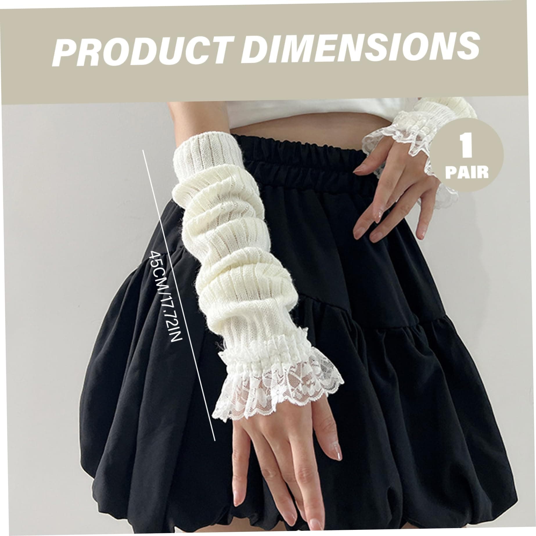 Knitted Arm Warmers, Kawaii Knit Wrist Warmers with Lace, Long Japanese Harajuku Goth Fingerless Sleeve for Goth, JK Uniform and Lolita Outfits/17.7, White, White thumbnail 6