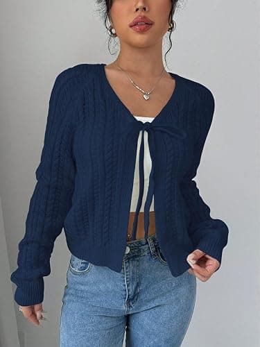 Narecte Cardigan Sweaters for Women V Neck Cropped Bow Tie Front Cardigan Long Sleeve Tops Knit Fall Winter Outfit thumbnail 3