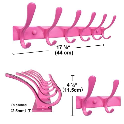 SKOLOO Coat Rack Wall Mounted - 6 Hooks, Heavy Duty, Stainless Steel, Metal Wall Hangers, Sturdy Coat Hooks for Hanging Coats, Jacket, Clothes, Hat, Pink thumbnail 3
