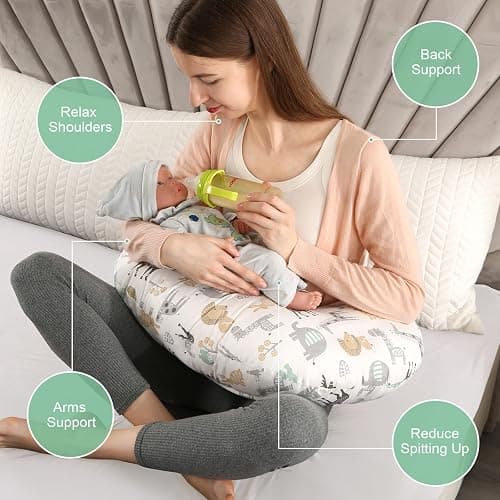 JOVELL Nursing Pillow, Ergonomic Baby Support Pillow Feeding Pillows Nursing Essentials for Bottle and Breastfeeding, Fiber Fill And Removable Cotton Breastfeeding Cover (Cute Animals, Small) thumbnail 4