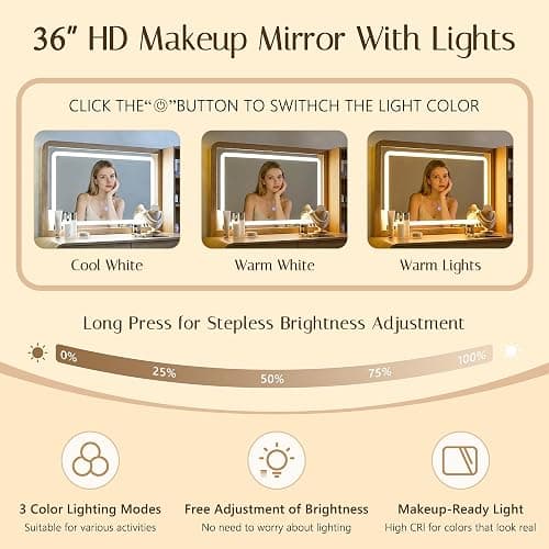 50” Modren Vanity Desk with Mirror and Lights with Charging Station Natural | Makeup Vanity with 35.43" Smart LED Mirror and 5 Drawers & Storage Shelves, Wooden Makeup Table for Women and Girls, Bedroom thumbnail 4