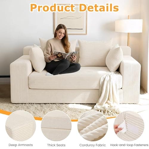 Winzoo Boneless Loveseat Sleeper Sofa Bed, 3-in-1 Convertible Sofa Bed and Futon Couch with 4 Pillows, 55" Beige Boneless Couch for Living Room, Guest Room, Small Space, No Assembly Required, Corduroy thumbnail 6