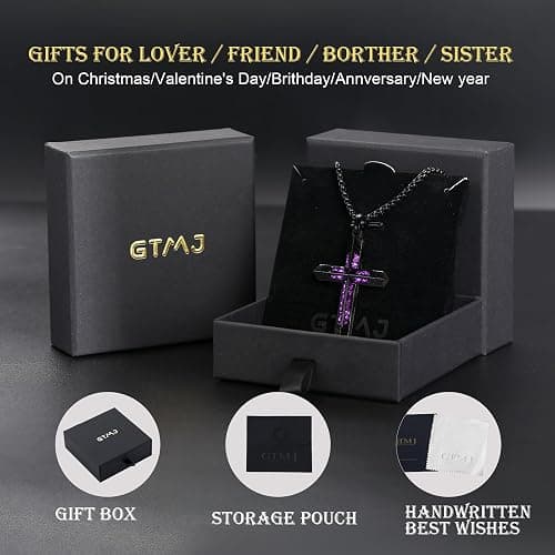 GTMJ Amethyst Cross Necklace for Men with Adjustable Box Chain For Everyday Wear Christian Men's Cross Necklace Jewelry Gifts thumbnail 6
