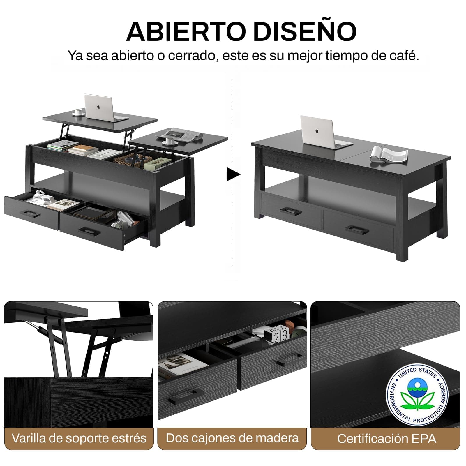 FABATO Mesa de Centro para Sala - De Madera con Doble Elevación - 2 cajones de Almacenamiento - Varilla de Estrés - Ideal como Mesa para Cafe o Mesa Auxiliar (Negro) - Negro thumbnail 4
