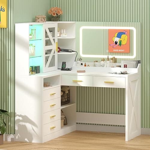 White L-Shaped Corner Vanity Desk with LED Lighted Mirror & Storage Shelves | Makeup Vanity with Charging Station & Sliding RGB Cabinet, Large Farmhouse Dressing Table with 6 Drawers for Women thumbnail 7