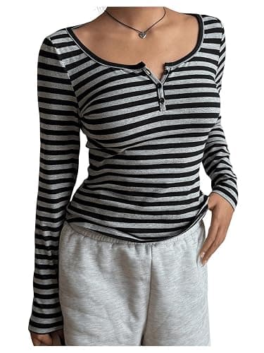 GORGLITTER Women's Striped Henley Shirts Scoop Neck Button Front Long Sleeve Tee Fitted Tops - Image 1