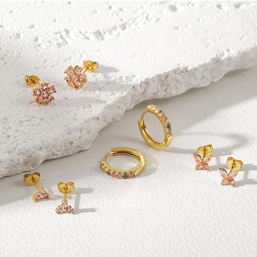 20G Gold Studs Earrings for Women,14K Gold Plated Hypoallergenic Butterfly Earrings for Girls,4 Pairs Flower/Butterfly/Cubic Zirconia Cute Earring and Trendy Huggie Hoop Dainty Multipack Earring Sets thumbnail 5