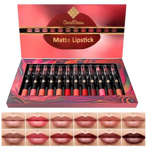 CoralBeau Matte Lipstick Set - 12-Piece Lip Crayon Set With Nude, Pink, Mauve & Red Shades - Waterproof, Long-Wearing Smudge Proof Lipstick Formula with Rich Colors & Pigments - Image 1