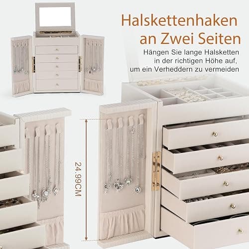 Dajasan Boite a Bijoux Femme, Grande Boite à Bijoux avec 5 Tiroirs, Boîte à Bijoux avec Double Ouverture pour Coiffeuse, Cuir Grain Vertical, Idée Cadeau pour Femme, Fille (Beige) thumbnail 2