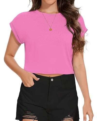 Summer Short Sleeve Crop Tops Womens Crewneck Roll Cap Sleeve T Shirts Loose Fit Basic Tees 2026 thumbnail 8