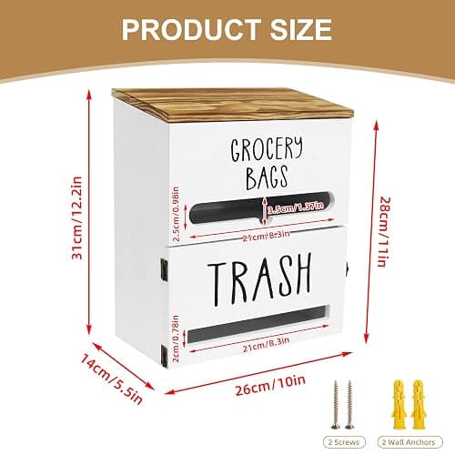 Liuceny 2 in 1 Trash Bag Dispenser, Double Wall Mounted,Wood Trash Bag Holder, used in kitchen, garage, laundry room, can store Environmentally friendly food bags and garbage bags (White) thumbnail 3