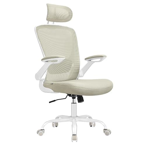 SONGMICS Chaise Bureau Ergonomique, Tissu en Maille, Support Lombaire, Appui-tête, Mécanisme à Bascule, Assise Large de 53 cm, Accoudoirs Rabattables, pour Bureau, Chambre, Beige Cappuccino OBN047K01 - Image 1