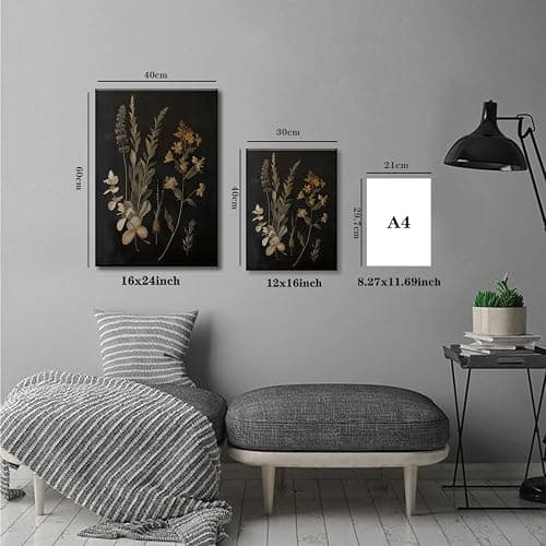 TUEASKY 3 Piece Moody Botanical Canvas Wall Art Vintage Floral Wall Art Boho Dark Flower Decor Black Wildflower Art Prints for Living Room Bedroom 12x16in Framed thumbnail 4
